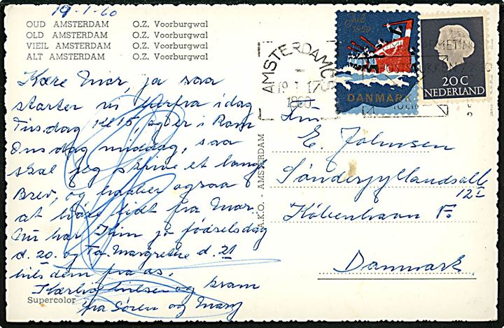 Hollandsk 20 c. Juliana og DANSK Julemærke 1959 på brevkort fra Amsterdam d. 19.1.1960 til København, Danmark.