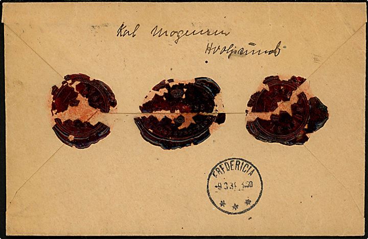 15 øre og 40 øre (2) Karavel og 10 øre Gebyr (7) på værdibrev fra Hvalpsund d. 8.3.1934 til Fredericia. Påskrevet Talt og på bagsiden laksegl fra Hvalpsund Postekspedition.