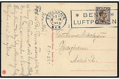 20 øre Chr. X på brevkort annulleret med TMS København *K* / *Benyt* Luftposten d. 3.9.1925 til Aalsø St.