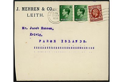 Britisk ½d Edward VIII (par) og 1½d George V på brev med indhold fra Leith d. 22.10.1936 til Kivig, Færøerne.