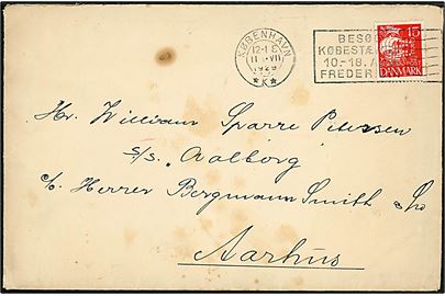 15 øre Karavel med perfin W. (= Elkan Wulff, København) på brev fra København d. 11.7.1929 til sømand ombord på S/S Aalborg i Aarhus. 
