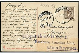20 øre Chr. X med perfin G&J (= Galle & Jessen) på brevkort fra Kjøbenhavn d. 20.6.1922 til radiotelegrafist ombord på ØK-skibet S/S Latvia via rederiadresse i København - eftersendt til Inspektions Büro der Hamburg Amerika Linie i Cuxhaven, Tyskland.