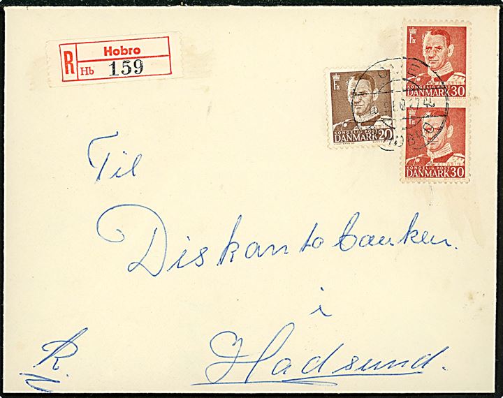 20 øre og 30 øre (par) Fr. IX på anbefalet brev annulleret med pr.-stempel Ove pr. Hobro d. 16.9.1960 til Hadsund.