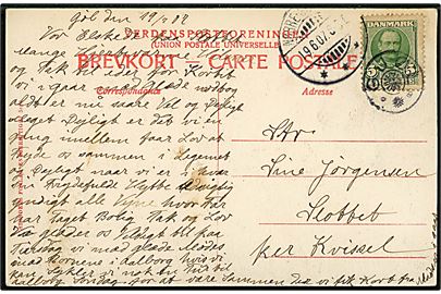 5 øre Fr. VIII på brevkort (Aalborg, jernbaneoverskæring med damptog på Vesterbro) annulleret med stjernestempel GJØL og sidestemplet Nørre-Sundby d. 19.6.1907 til Kvissel. 