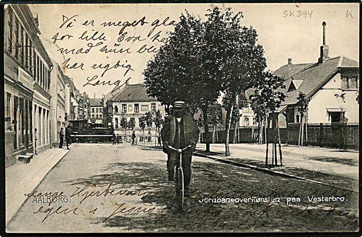 5 øre Fr. VIII på brevkort (Aalborg, jernbaneoverskæring med damptog på Vesterbro) annulleret med stjernestempel GJØL og sidestemplet Nørre-Sundby d. 19.6.1907 til Kvissel. 