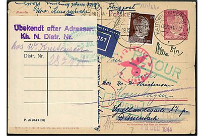 6 pfg. Hitler helsagsbrevkort opfrankeret med 10 pfg. Hitler sendt som luftpost fra Kattowitz (Oberschles.) d. 8.12.1944 til København, Danmark. Ubekendt med etiket P.26 (8-43 B8) og retur via Returpostkontoret d. 5.1.1945. Tysk censur fra Berlin. 