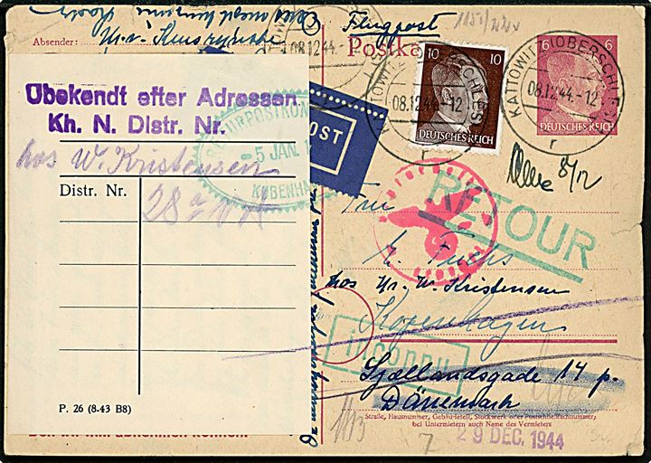 6 pfg. Hitler helsagsbrevkort opfrankeret med 10 pfg. Hitler sendt som luftpost fra Kattowitz (Oberschles.) d. 8.12.1944 til København, Danmark. Ubekendt med etiket P.26 (8-43 B8) og retur via Returpostkontoret d. 5.1.1945. Tysk censur fra Berlin. 