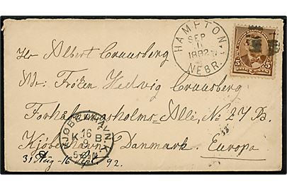 5 cents Grant single på brev fra Hampton Nebr. d. 1.9.1892 til København, Danmark.