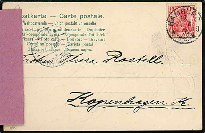 10 pfg. Germania på brevkort fra Hamburg d. 1.2.1905 til København, Danmark. Utilstrækkelig adresse og forespurgt med vignet fra Kjøbenhavns Brevpostkontor.