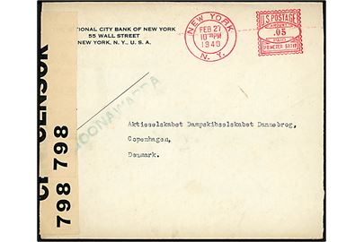 Amerikansk 5 cents firmafranko frankeret brev fra New York d. 27.2.1940 mærket Goonawarra (= svensk fragtskib) til København, Danmark. Åbnet af tidlig britisk censur PC66/798.