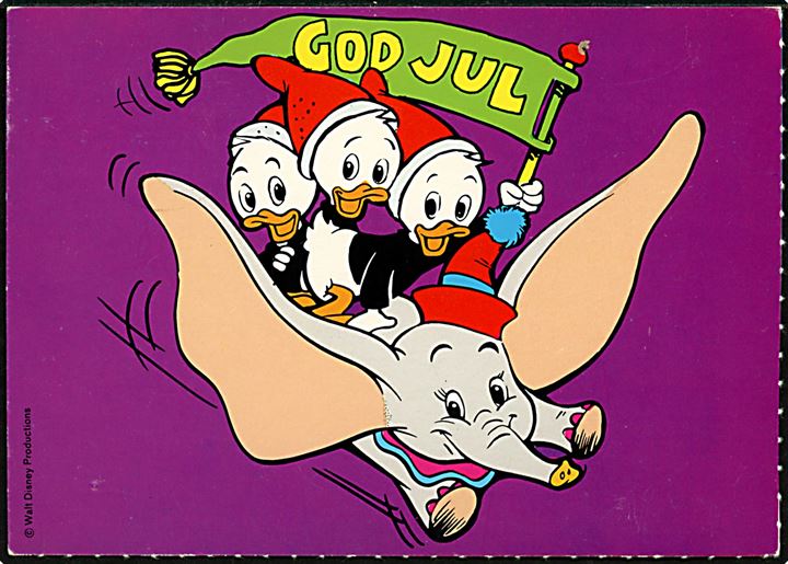 Walt Disney. Julekort med Rip, Rap og Rup, flyvende på Dumbo. Anders And bogklub u/no. 
