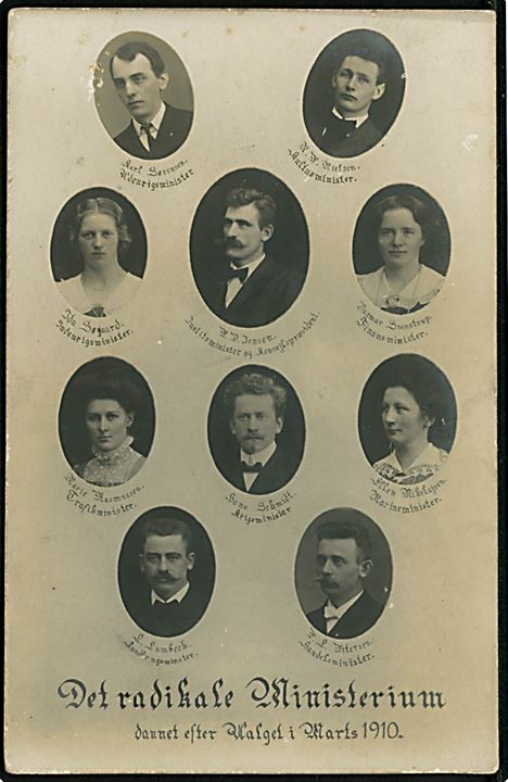 Det Radikale Ministerium, dannet efter valget 03.1910 med Konseilspræsident H.D. Jensen. Fotokort u/no. 