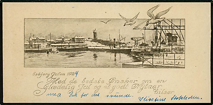 Esbjerg fra havnen. Tegnet jule kartonkort 7x15 cm, u/no. 
