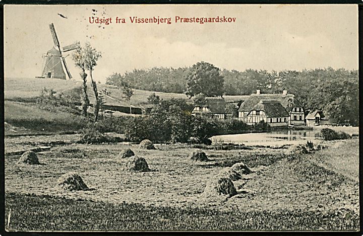 Vissenbjerg. Udsigt fra Præstegaardskov med gård og Mølle. P.M. Brønsro u/no. 