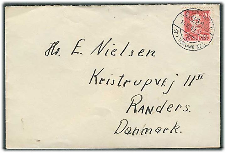 20 øre Chr. X på brev stemplet Den danske Brigade 3 * 1 Tyskland * d. 14.10.1947 til Randers. Stempel benyttet i forlægningen i Aurich. Mindre del af bagklap mgl.