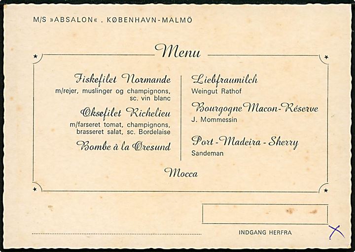 Absalon, M/S, Dampskibsselskabet Øresund. På bagsiden trykt menukort. Uden adresselinier.