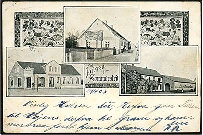 Sommersted, Hilsen fra med prospekter. U/no. Frankeret med 10 pfg. Germania annulleret med ovalt bureaustempel Hamburg - Vamdrup Bahnpost Zug 23 d. 29.4.1903 til Esbjerg.
