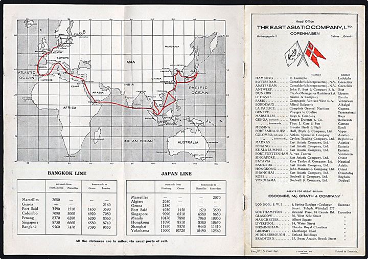 Østasiatisk Kompagni illustreret sejlplan for Bangkok Line og Japan Line med forside tegnet af Orla Muff.