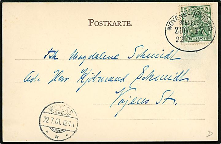 Rødding, Gruss aus med P. Foders forretning. U/no. Frankeret med 5 pfg. Germania Reichpost annulleret med ovalt bureaustempel Woyens - Rödding Bahnpost Zug 17 d. 22.7.1901 til Vojens.