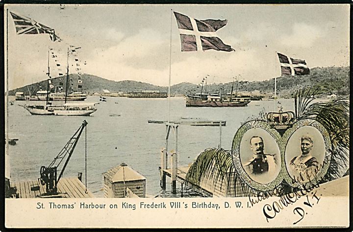 D.V.I., St. Thomas, havn med dampskibe og portræt af Kong Fr. VIII og Dronning Louise. Lightbourn no. 93.