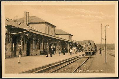 Sorø. Jernbanestation med holdende Damplokomotiv. Alfred Clausens Boghandel no. 42039.
