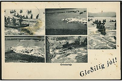 Færøerne. Julekort med Grindedrab. Anvendt Thorshavn d. 17.12.1928, julemærke 1928 bundet til kortet. 