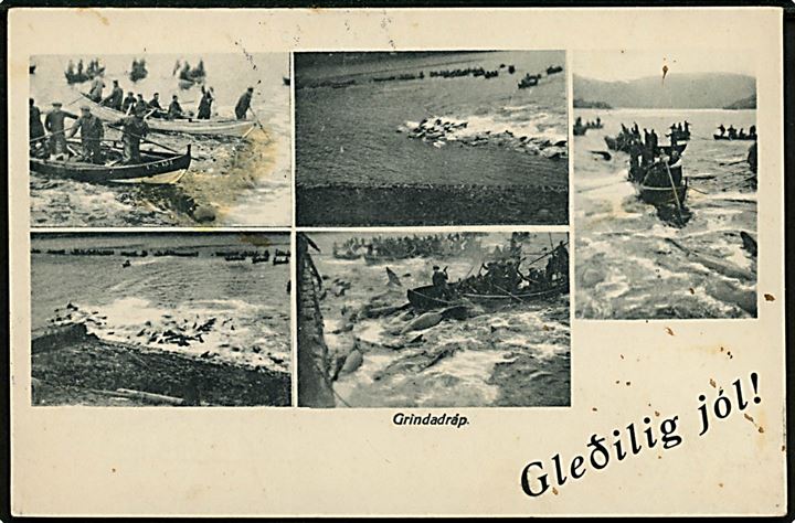 Færøerne. Julekort med Grindedrab. Anvendt Thorshavn d. 17.12.1928, julemærke 1928 bundet til kortet. 