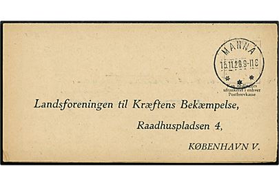Ufrankeret svartryksag med brotype IIIb Manna d. 16.11.1928 til Kræftens Bekæmpelse i København. 