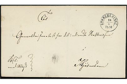 1852. Ufrankeret tjenestebrev mærket K.T, med Attest med 1½-ringsstempel Storehedinge. d. 18.3.1852 til Generaldirektoratet for det indenrigsk Skattevæsen i Kjøbenhavn. 