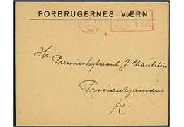 5 øre posthusfranko frankeret lokal tryksag fra Forbrugernes Værn i København d. 25.10.1925. Forbrugernes Værn var en tidlig forbruger organisation som kæmpede mod prisstigninger og kronens faldende værdi. 