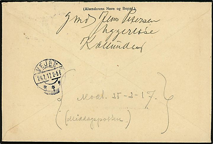 5 øre, 50 øre Chr. X og Syltetøjs-gebyrmærke på adressebrev for pakke fra Kallundborg d. 23.2.1917 til Askov Højskole pr. Vejen. 