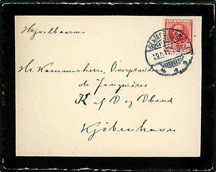 10 øre Fr. VIII på sørgebrev fra Glamsbjerg d. 29.6.1911 til Kammerherre og Overpræsident Frederik de Jonquières, Kommandør af Dannebrog og Dannebrogsmand, Kjøbenhavn.