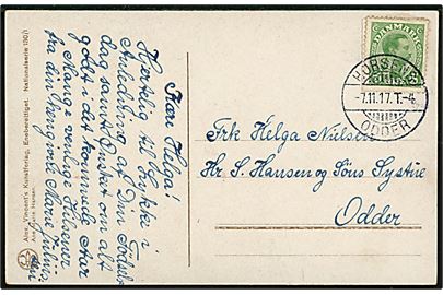 5 øre Chr. X på brevkort annulleret med bureaustempel Horsens - Odder T.4 d. 7.11.1917 til Odder.