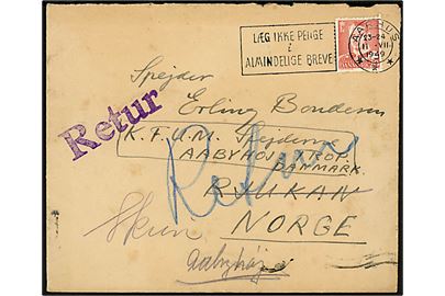 20 øre Fr. IX på brev fra Aarhus d. 11.7.1949 til spejder fra Aabyhøj KFUM Trop i spejderlejr i Rjukan, Norge - eftersendt til Skien og returneret med 2-sproget stempel Reist / Parti.