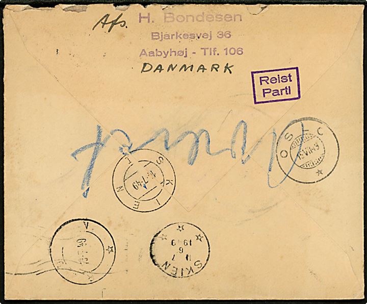 20 øre Fr. IX på brev fra Aarhus d. 11.7.1949 til spejder fra Aabyhøj KFUM Trop i spejderlejr i Rjukan, Norge - eftersendt til Skien og returneret med 2-sproget stempel Reist / Parti.