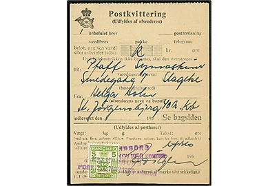 5 øre Gebyrmærke annulleret med kontorstempel Kalundborg Postkontor d. 14.11.1950 på Postkvittering for afsendelse af anbefalet brev til Slagelse. 