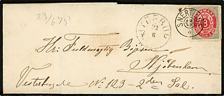 8 øre Tofarvet på brev med fuldt indhold annulleret med stjernestempel SNERTINGE og sidestemplet lapidar Jyderup d. 22.6.1875 til Kjøbenhavn.