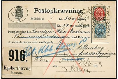 4 øre og 8 øre Tofarvet på Postopkrævning annulleret med lapidar Kjøbenhavn V d. 22.10.1888 til Tømmerup på Amager. Retur som modtagelse nægtet.