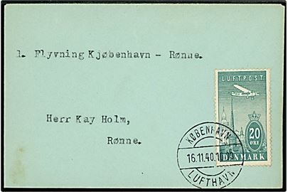 20 øre Luftpost på brev mærket 1. Flyvning København - Rønne annulleret København Lufthavn d. 16.11.1940 til Rønne på Bornholm.