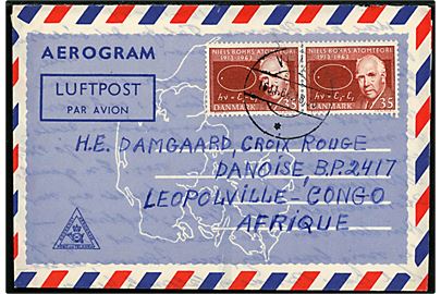 35 øre Niels Bohr i parstykke på privat aerogram fra Vejle d. 16.11.1964 til Dansk Røde Kors i Leopoldville, Congo, Afrika. 
