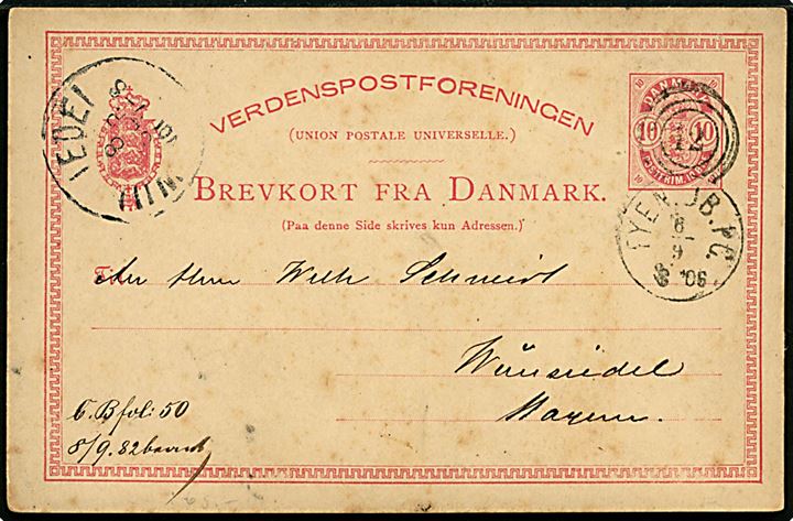 10 øre Våben helsagsbrevkort fra Odense annulleret med kombineret nr.stempel 12/Fyen.JB.PC. d. 6.9.1882 til Wunsiedel, Bayern.