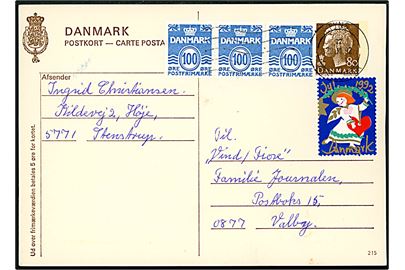 80 øre helsagsbrevkort (fabr. 215) opfrankeret med 100 øre Bølgelinie i 3-stribe og Julemærke 1992 fra Stenstrup annulleret Fyns Postcenter d. 20.11.1992 til Valby.