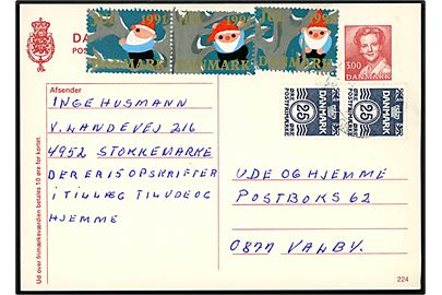 300 øre Margrethe helsagsbrevkort (fabr. 224) opfrankeret med 25 øre Bølgelinie i parstykke og Julemærke 1991 (3) fra Stokkemarke annulleret med svagt stempel ved Lolland-Falsters Postcenter 1991 til Valby.