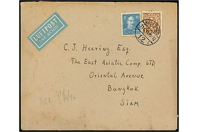 40 øre og 1 kr. Chr. X på luftpostbrev fra København d. 11.6.1946 til Bangkok, Siam.