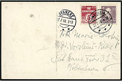 5 øre Bølgelinie og 10 øre Chr. X på brevkort annulleret med brotype IIc Christiansø d. 26.7.1948 og sidestemplet Svaneke d. 27.7.1948 til København.