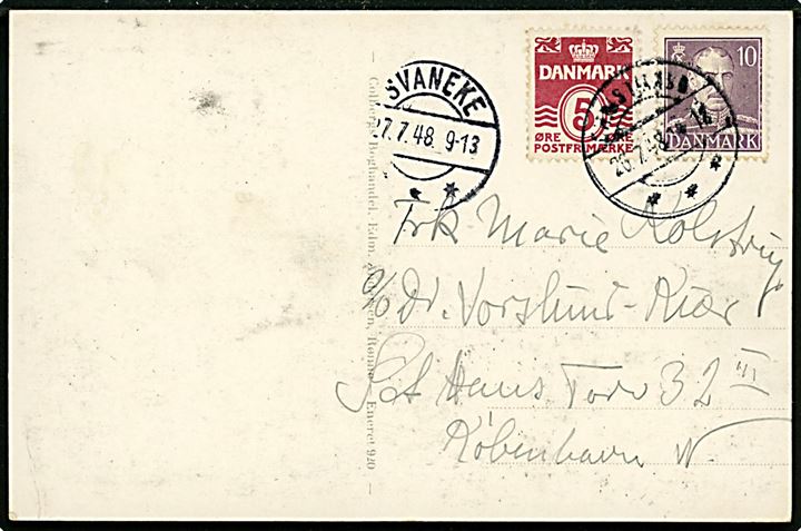5 øre Bølgelinie og 10 øre Chr. X på brevkort annulleret med brotype IIc Christiansø d. 26.7.1948 og sidestemplet Svaneke d. 27.7.1948 til København.