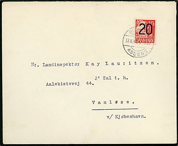 20/15 øre Provisorium på brev fra Assens Amtsstue annulleret med bureaustempel Odense - Assens T.120 (?) d. 13.11.1940 til Vanløse.