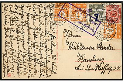 1 øre Bølgelinie (3), 7/8 øre Provisorium og 20 øre Frimærkejubilæum på brevkort (Graasten havn med dampskib) annulleret bureau Sønderborg - Tønder . T.1408 d. 31.5.1926 til Hamburg. 2 mærker beskåret.