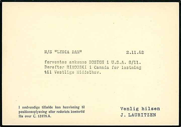 20 øre firmafranko fra J. Lauritzen på brevkort med positions-meddelelse fra M/S Lydia Dan stemplet København d. 2.11.1962 til Brønshøj.