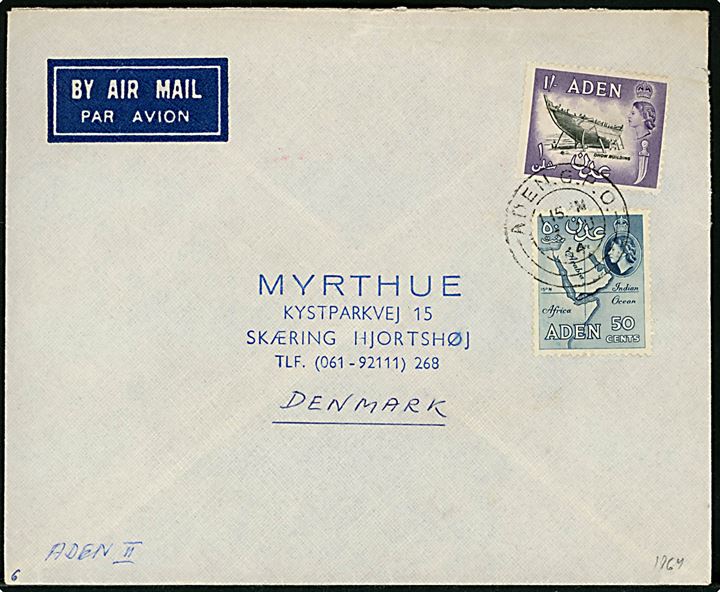 50 c. og 1 sh. Elizabeth på luftpostbrev fra M/S Beira annulleret Aden G.P.O. d. 13.6.1964 til Hjortshøj, Danmark.